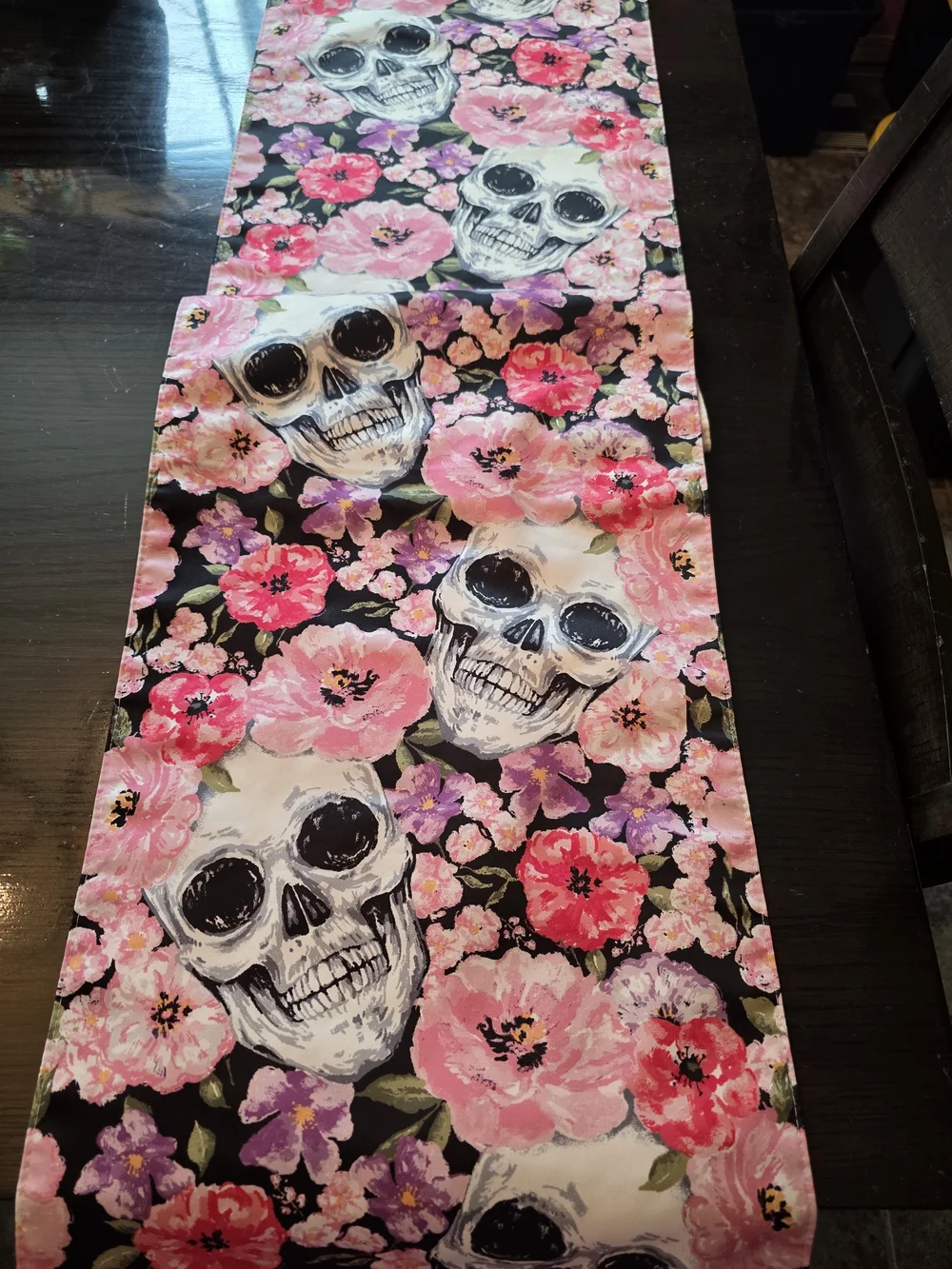 Floral Skull Table Runner in Pink and Black 70 Inches Long
